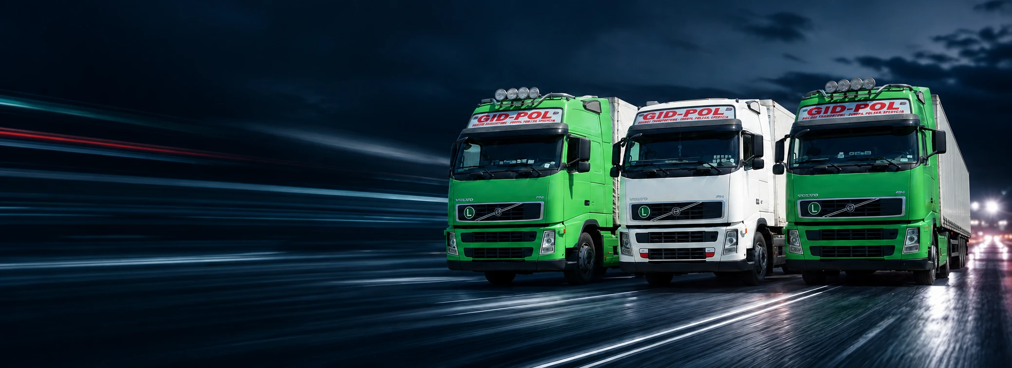 Three green and white GID-POL trucks on a dark road