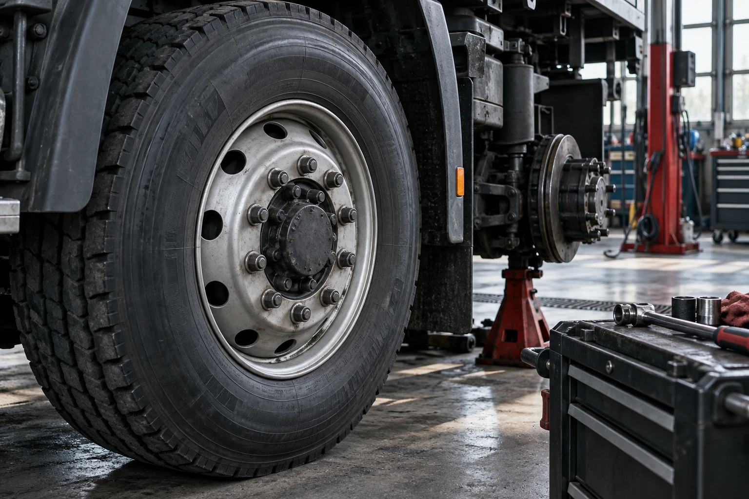 Heavy truck wheel and mechanical components in a repair workshop